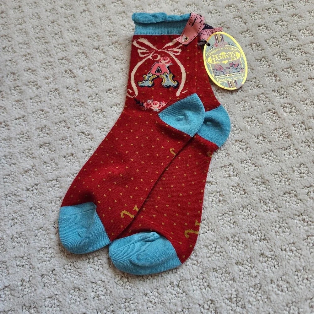 Bamboo Alphabet‎ Socks Letter A Floral Polka Dot Ruffle Cuff NEW